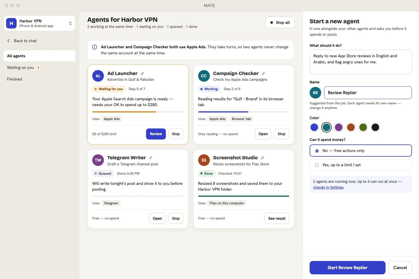 Agent overview with named marketing agents, working and waiting statuses, and task progress