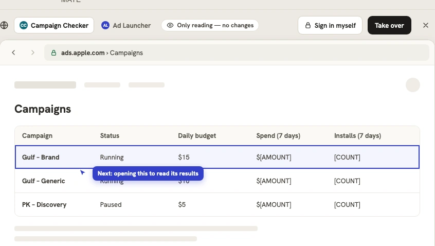 Campaign Checker conversation beside its read-only Apple Ads browser with sign-in and takeover controls